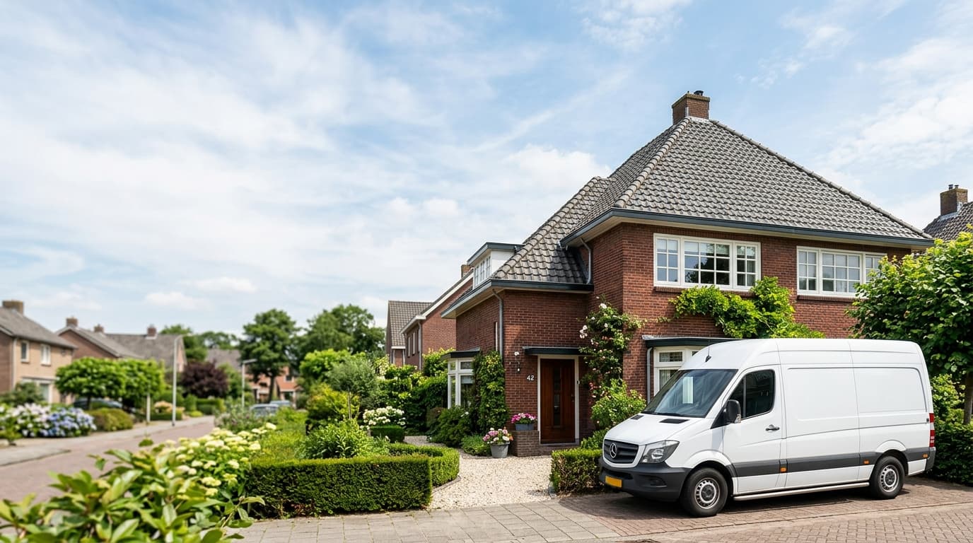 Nederlandse woning met zonnepanelen en servicebus voor isolatieadvies