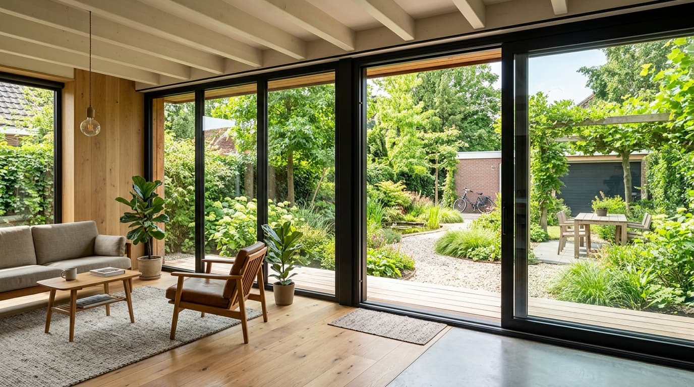 Isolerende kozijnen en schuifpui met uitzicht op de tuin