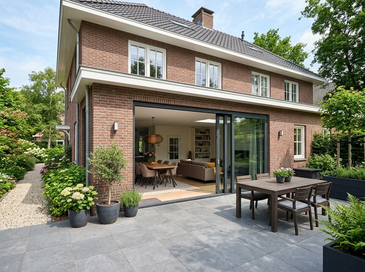 Moderne schuifpui met zwart frame naar terras