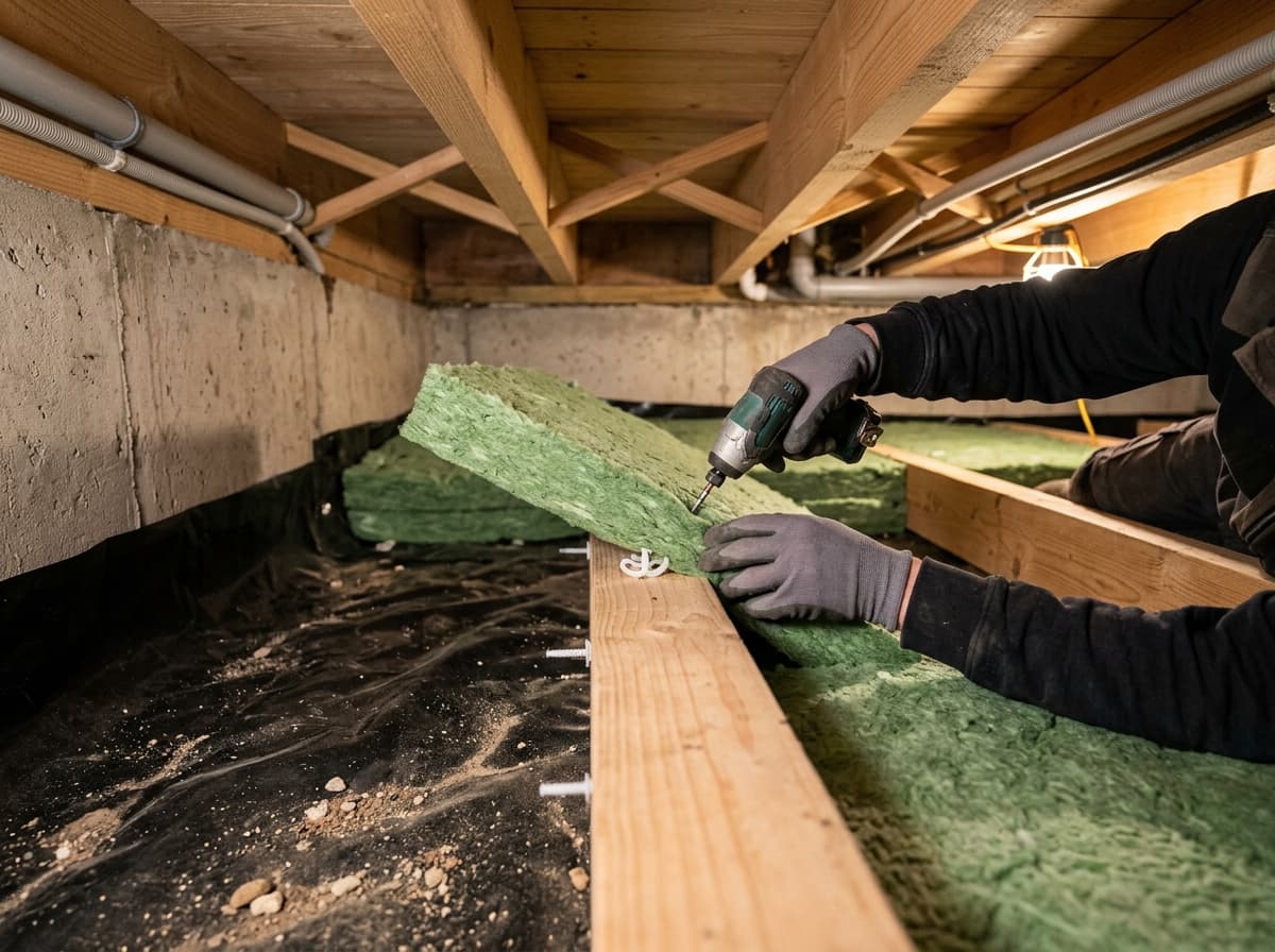 Isolatiepanelen worden aangebracht in een kruipruimte