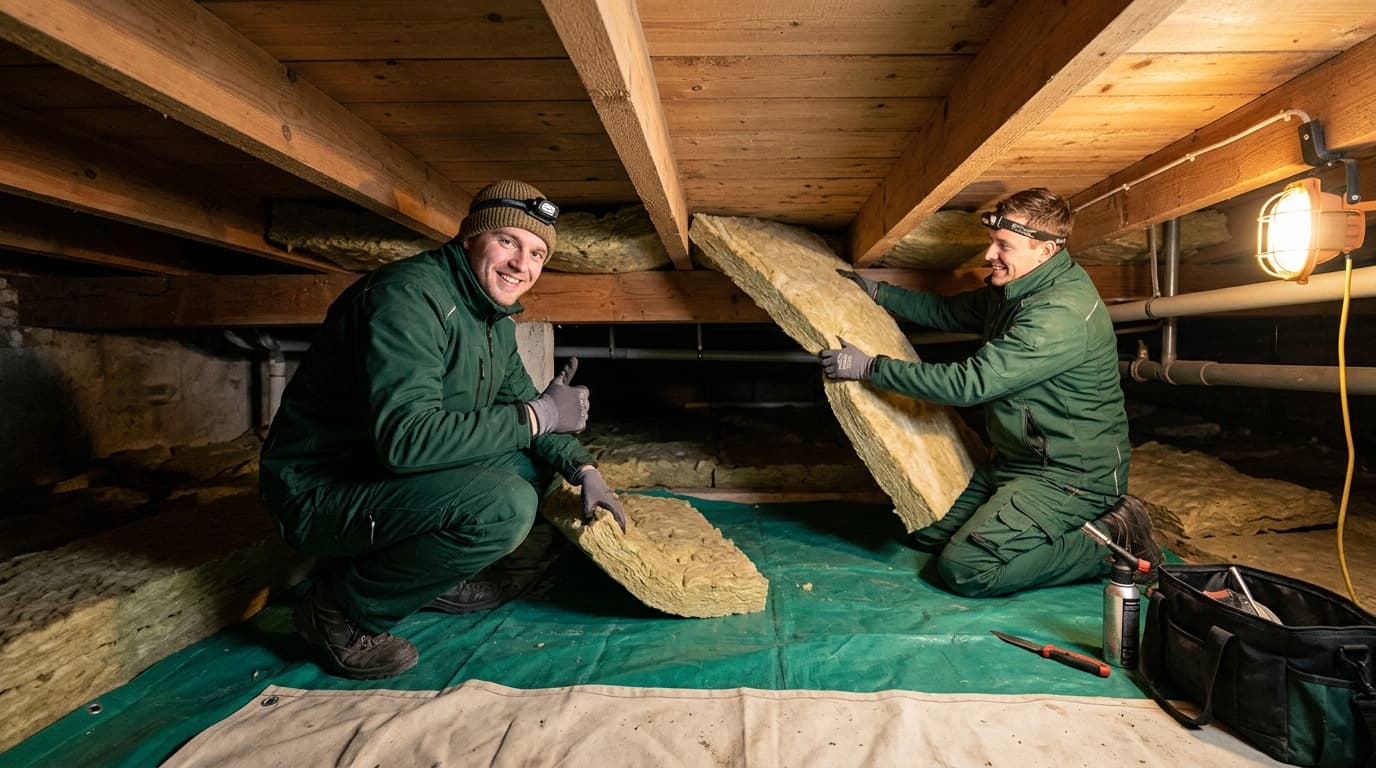 Vloerisolatie specialisten aan het werk in een kruipruimte