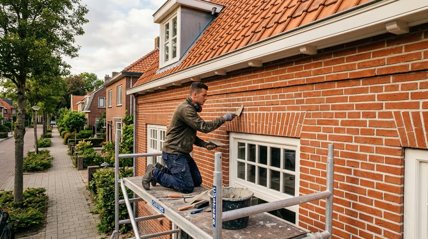 Specialist herstelt voegwerk van een bakstenen gevel